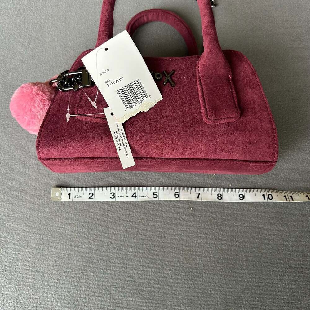 Betsey Johnson XOXO Faux Suede Mini Satchel with Heart Pom Charm - Picture 3 of 8